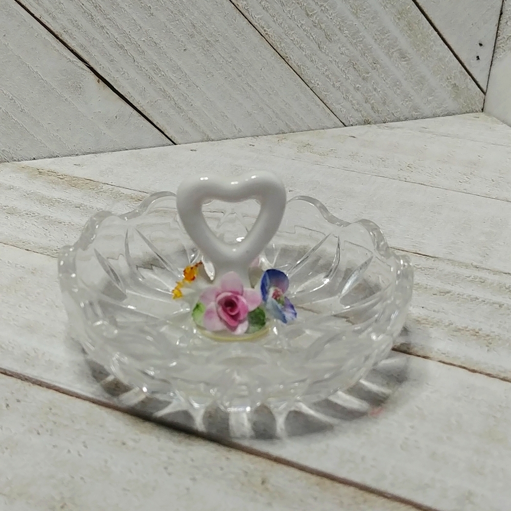 Glass Ring Holder with Dainty Porcelain Flowers and Heart
